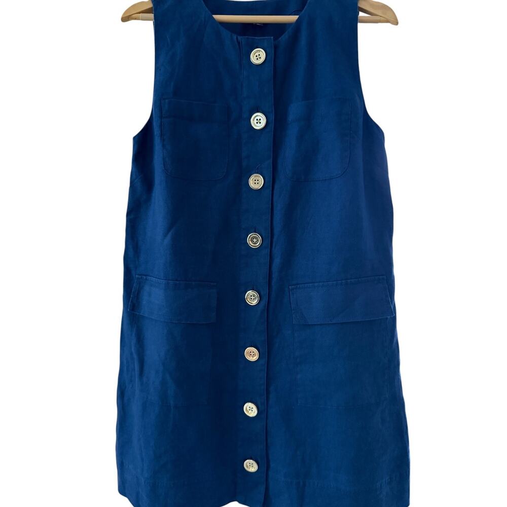 J.Crew Linen Button-Front Shift Dress Navy 4 Pockets Size Small